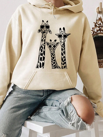 Women's Long Sleeve Hoodie With Giraffe Print