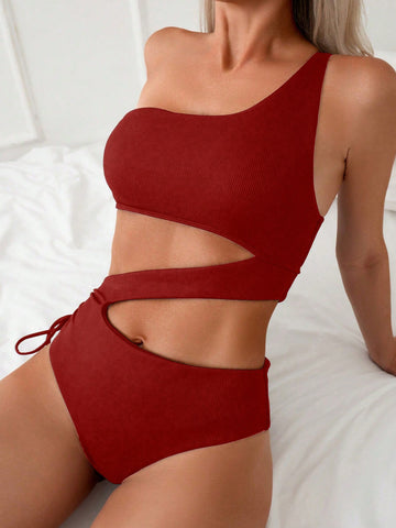 Solid Color Hollow Out One-Piece Swimsuit