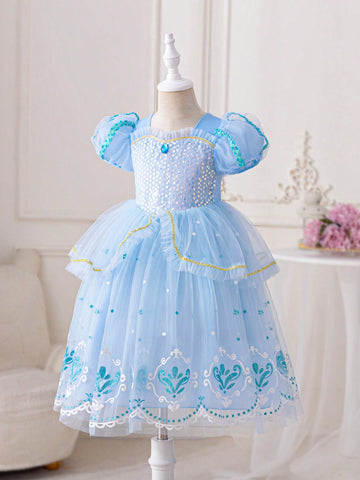 Young Girl's Sequined Tulle Princess Dress For Birthday Party, Wedding, Festival And Performance