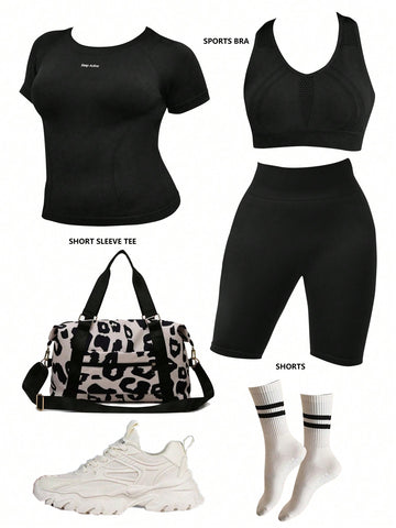 Plus Size Women's Letter Printed Sports Bra, Short Sleeve Tee And Shorts Set