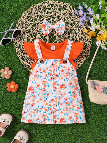 Baby Girl Summer Pique Striped Short Sleeve Floral Romper Set With Suspenders