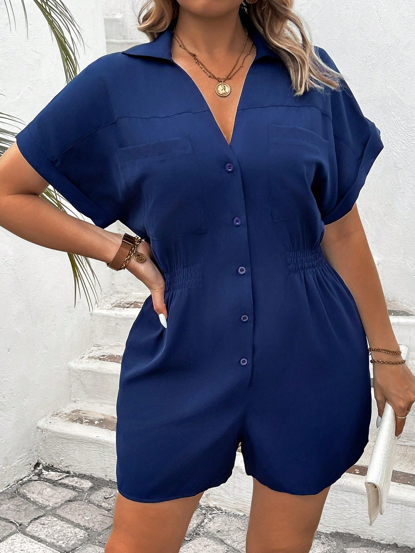 Plus Size Women's Solid Color Batwing Short Sleeve Romper With Single-Breasted Design
