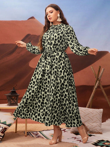 Plus Size Women's Stand Collar Leopard Print Long Sleeve Dress