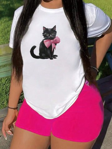 Plus Size Cartoon Cat Printed Short-Sleeved T-Shirt