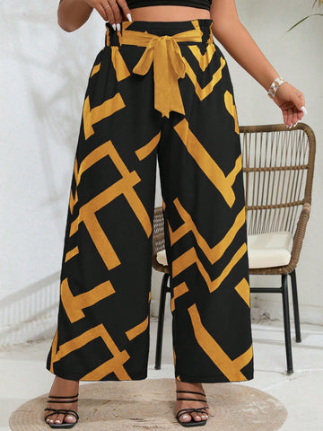 Plus Size Women's Geometric Print Waist Tie Pants