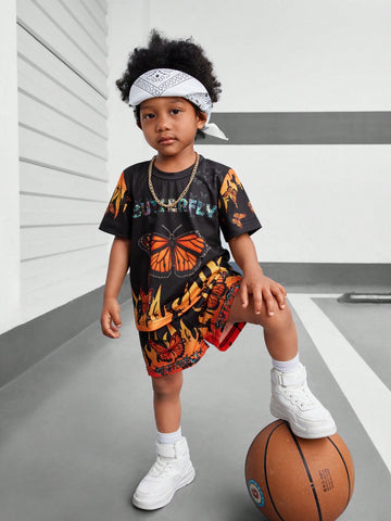 Young Boy Spring And Summer Street Fashion, Cool Butterfly And Flame Letter Printed Round Neck Short Sleeve T-Shirt And Shorts Outfit