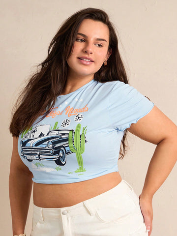 Plus Size Women's Letter & Car Print Short Sleeve Crop Top T-Shirt