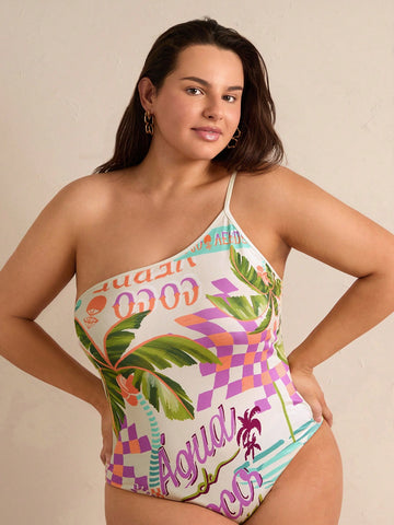 Plus Size Women's Letter & Palm Tree Print One Shoulder Sleeveless Bodysuit