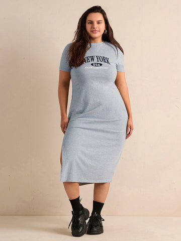 Plus Size Slim Fit Alphabet Printed Slit Side Dress