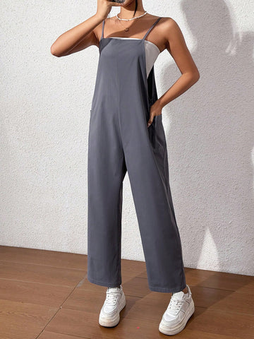 Women's Solid Color Casual Loose Jumpsuit With Suspender Straps