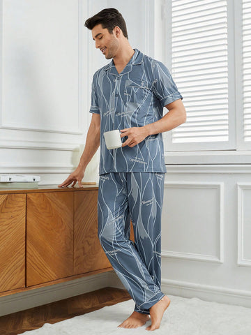Men's Printed Contrast Piping Full Front Buttoned Home Wear Set