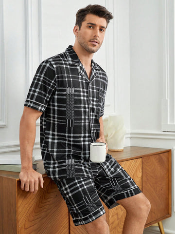 Men's Plaid Belted Button Down Shirt And Shorts Pajama Set With Pockets