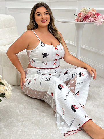 Plus Size Women's Lace Splice Letter Print Sexy Cami Top And Pants Pajama Set