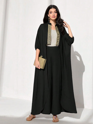 Women's Color Contrast Batwing Sleeve Coat And Wide Leg Pants Two Piece Set