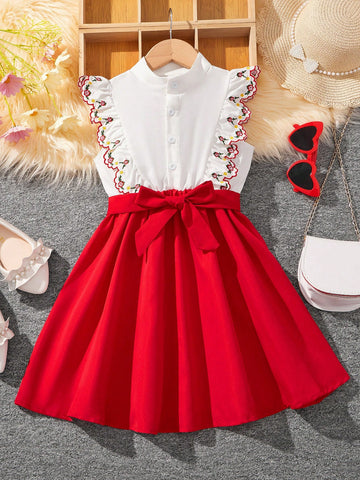Young Girl's Color Blocking Embroidery & Asymmetrical Ruffle Neck Sleeveless A-Line Dress
