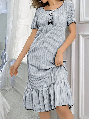 Color Block Trimmed Short Sleeve Brushed Jersey Homewear Dress