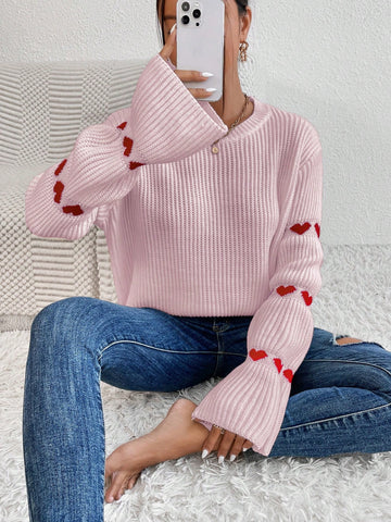 Women's Round Neck Love Heart Pattern Flare Sleeve Sweater Pullover