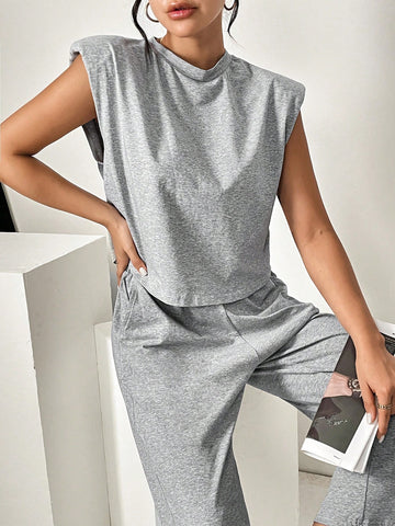 Women's Casual Grey Padded Shoulder Top Outfit Pants Set For Summer 2024 New Style