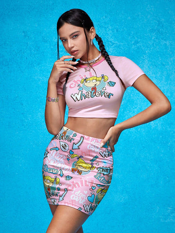 Cartoon And Letter Graphic Contrasting Colors Crop Tee & Print Skirt Hot Girl Summer Two Piece Outfits