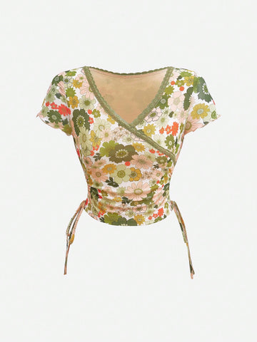 Knitted Flower Print Lace Splicing Vintage T-Shirt,Country Concert Tops,Floral Blouse,Sage Green Top