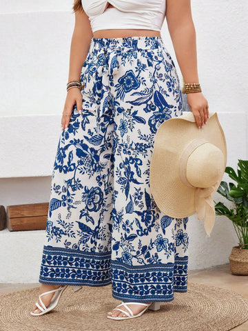 Plus Size Holiday Style Loose Fit High Waisted Belted Long Pants Beach