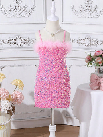 Young Girls' Simple & Fashionable Sparkling Glitter Top & Woolen Skirt Splicing Cami Dress