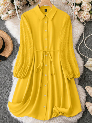 Plus Size Buttoned Lantern Sleeve Casual Dress