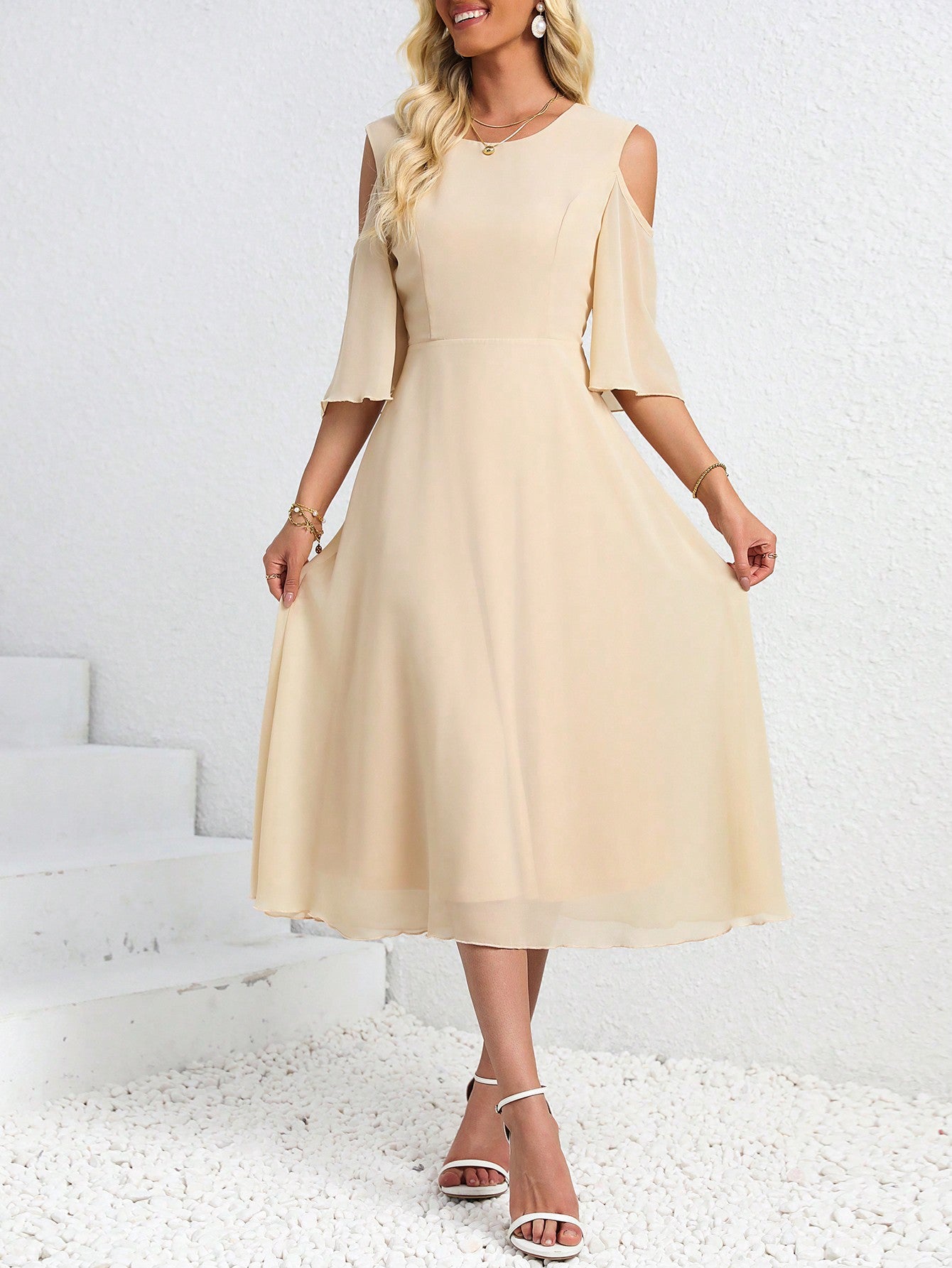 Solid Color Open Shoulder Cinched Waist Dress