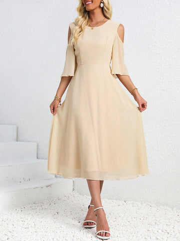 Solid Color Off-Shoulder Waist-Tied Dress