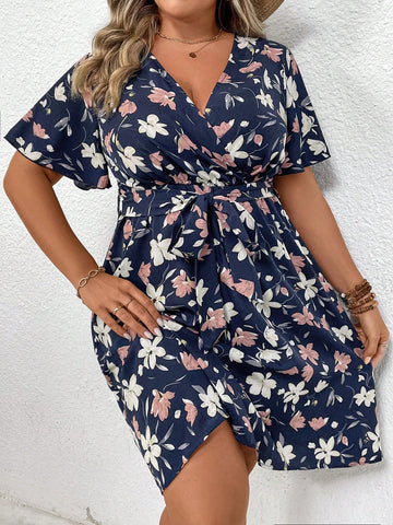 Plus Size Floral Printed Butterfly Sleeve Dress