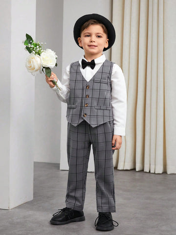 Young Boy Gentleman Style Two Piece Suit Set With Plaid Vest And Pants, Elegant Outfit For Formal Occasions Such As Birthday Parties, Evening Parties, Wedding Ceremonies, Baptisms, And First Birthdays