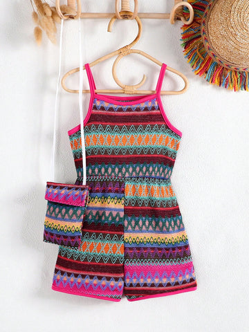 Color Block Striped Jumpsuit With Straps For Young Girls
