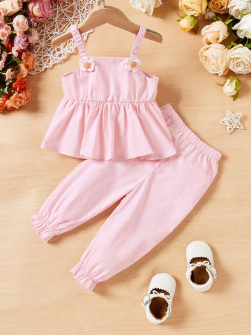Baby Girl Summer Cute 3d Flower Decor Strap Top And Cuffed Pants Set