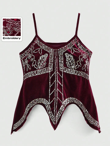 Holiday Style Velvet Cami Top With Sequin Embroidery And Irregular Hem For Women