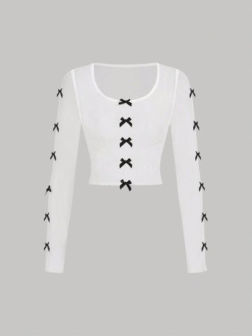 Women's Round Neck Long Sleeve Mesh Top With Bow Decoration Music Festival