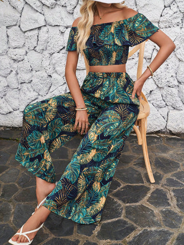 Women's Tropical Plant Printed Off-Shoulder Top And Wide-Leg Pants Set