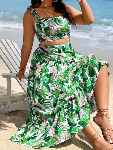 Plus Size Women's Tropical Plant Print Splice Flounce Hem Cropped Top And Skirt Set
