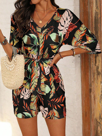 Women's Tropical Leaf Print Middle Sleeve Jumpsuit For Holiday (Random Pattern)