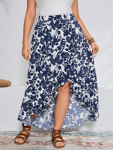 Plus Size Asymmetrical Hem Skirt With Floral Print And Ruffled Trim