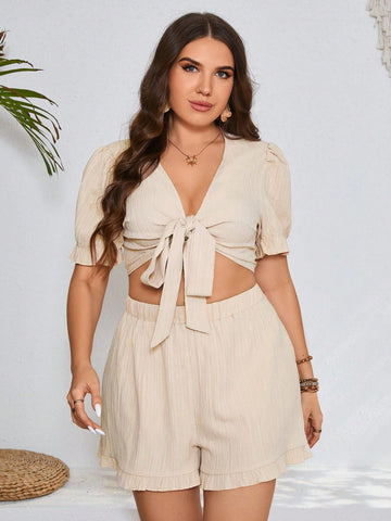 Plus Size Solid Color Textured Casual Suit