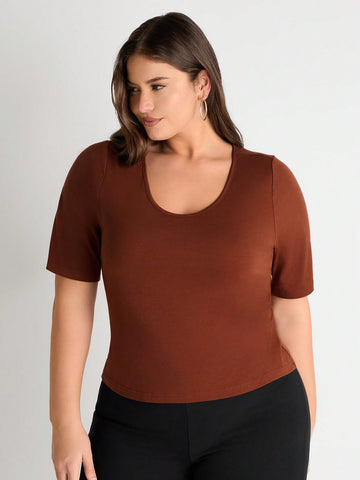 Plus Size Women's Solid Color Slim Fit Round Neck T-Shirt