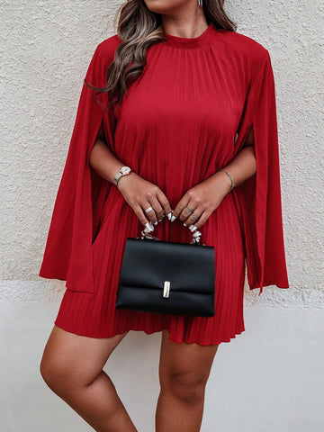 Plus Size Women's Stand Collar Cape Sleeve Loose Dress With Pleats