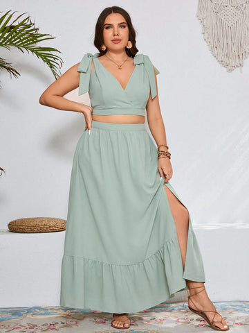 Women's Solid Color Top & Skirt Set With Belt, Plus Size