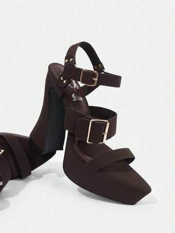 Women's Outdoor Buckle High Heels With Pointed Toe And Waterproof Platform In Trendy Dark Brown Pu Fabric