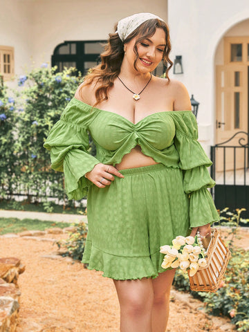 Plus Size Women's Pleated Off-Shoulder Short-Sleeve Top And Shorts Set With Flare Hem
