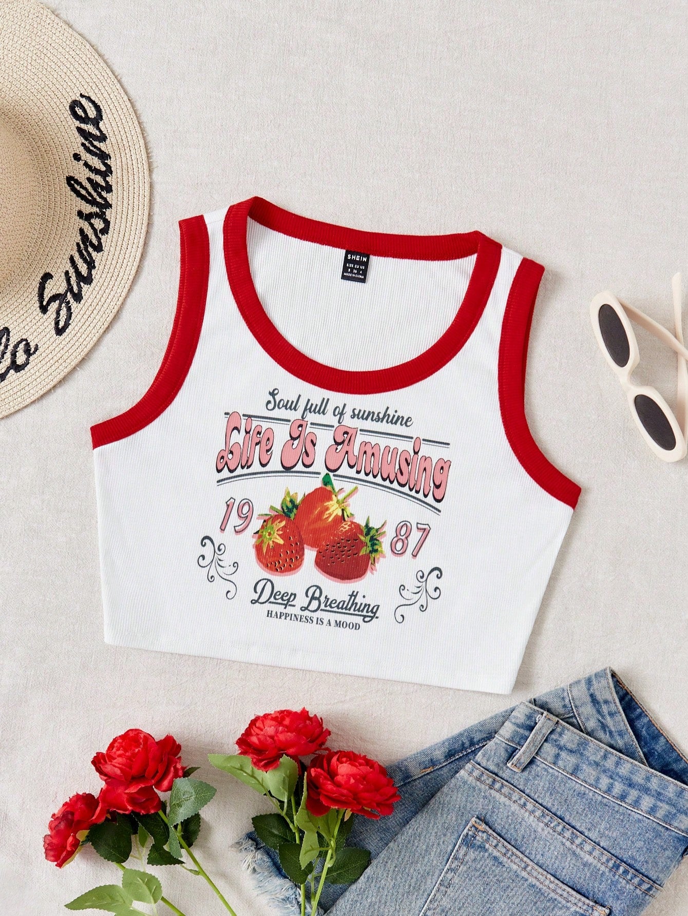 Women's Vacation Style Strawberry Letter Print Basic White Tank Top With Red Contrast Trim For Summer