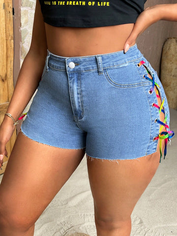 High Waisted Elastic Sexy Colored Lace-Up Plus Size Denim Shorts, Blue
