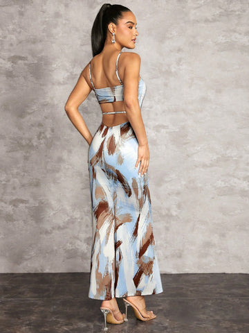 Blue And White Abstract Print Sexy Backless  Gathered Long Women's Dress