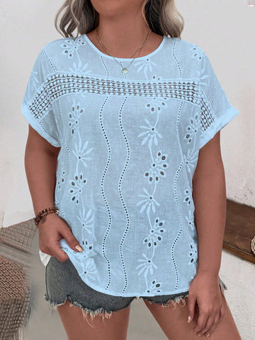Plus Size Solid Color Eyelet Embroidery Round Neck Short Sleeve Blouse