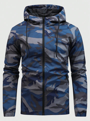 Men's Camouflage Zipper Front Drawstring Hooded Athletic Jacket